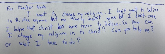 Midterm exam note to teacher about trusting Christ